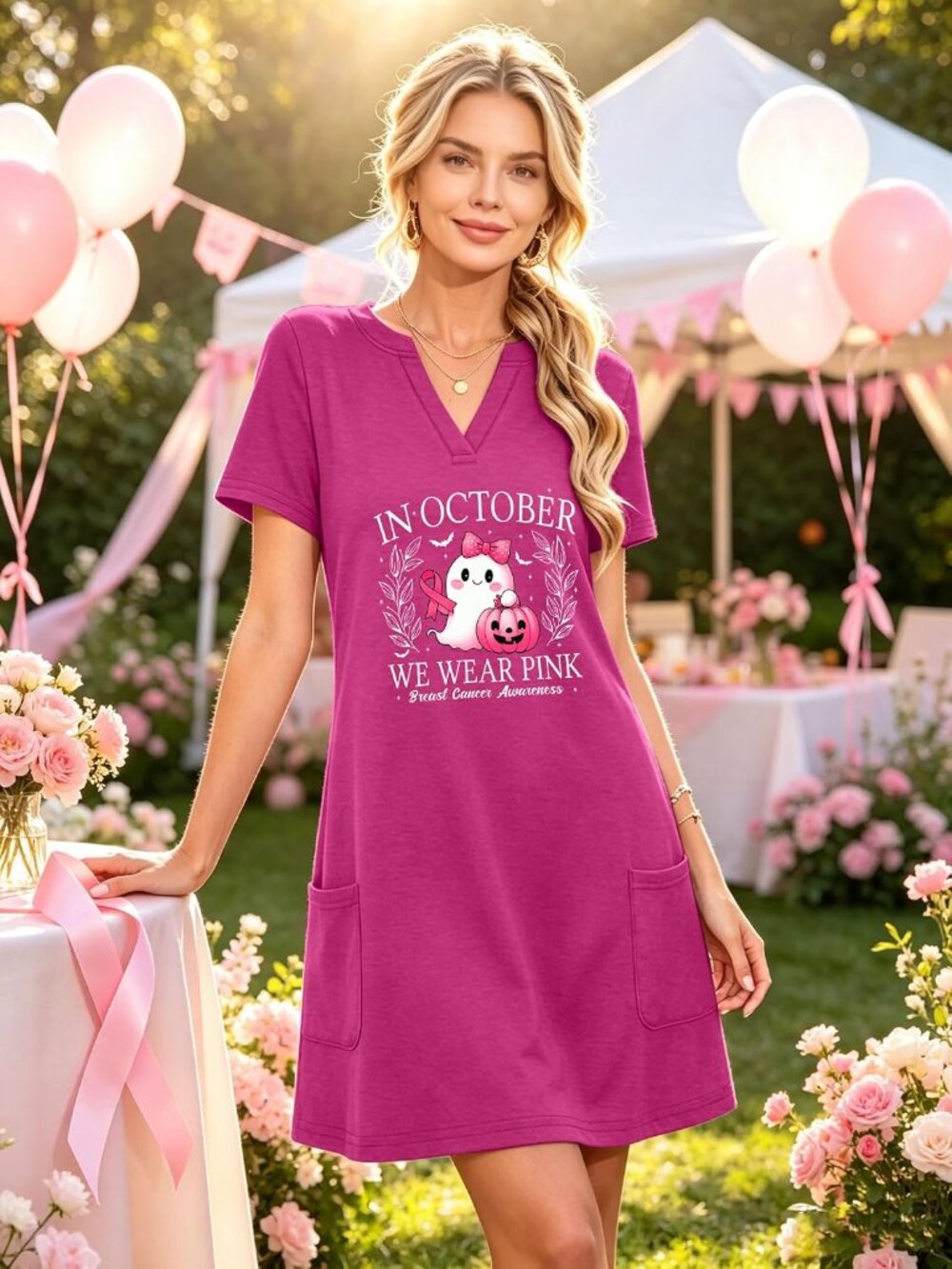 🎃Women's Pink Halloween Sundress A-Line V Neck Party Wear Pockets Casual Dress - Picture 4 of 6
